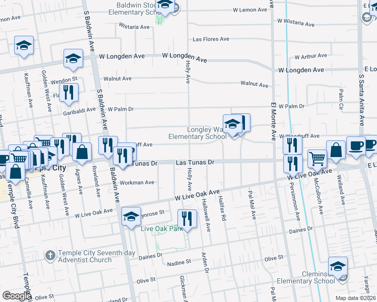map of restaurants, bars, coffee shops, grocery stores, and more near 2601 Holly Avenue in Arcadia