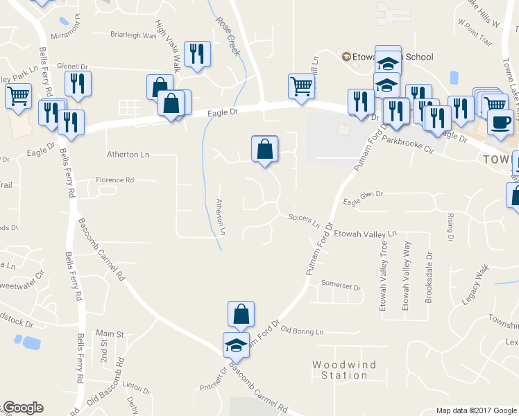 map of restaurants, bars, coffee shops, grocery stores, and more near 4098 Cinnamon Fern Lane in Woodstock