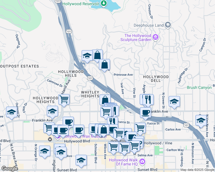 map of restaurants, bars, coffee shops, grocery stores, and more near 2036 North Cahuenga Boulevard in Los Angeles