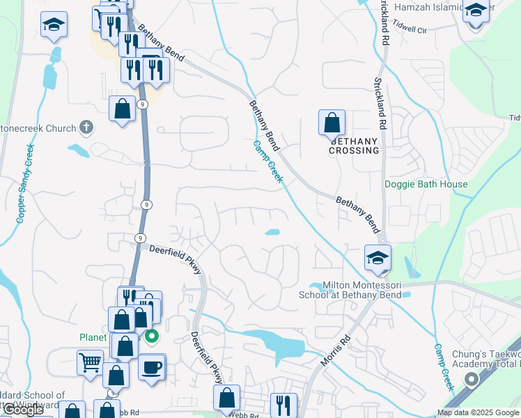 map of restaurants, bars, coffee shops, grocery stores, and more near 3225 Sonata Lane in Alpharetta