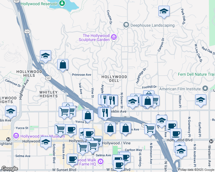 map of restaurants, bars, coffee shops, grocery stores, and more near 6226 Holly Mont Drive in Los Angeles