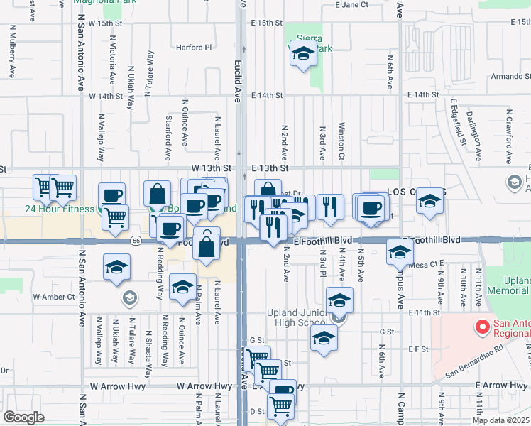map of restaurants, bars, coffee shops, grocery stores, and more near 121 Foothill Boulevard in Upland
