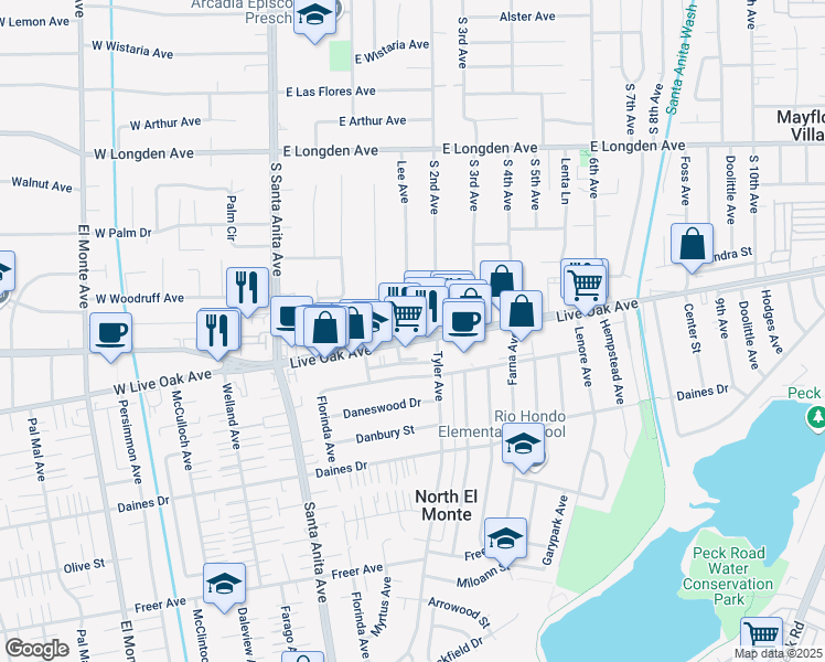 map of restaurants, bars, coffee shops, grocery stores, and more near 145 Live Oak Avenue in Arcadia