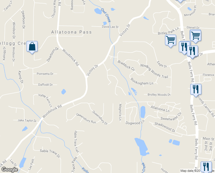 map of restaurants, bars, coffee shops, grocery stores, and more near 123 Victory Commons Drive in Acworth