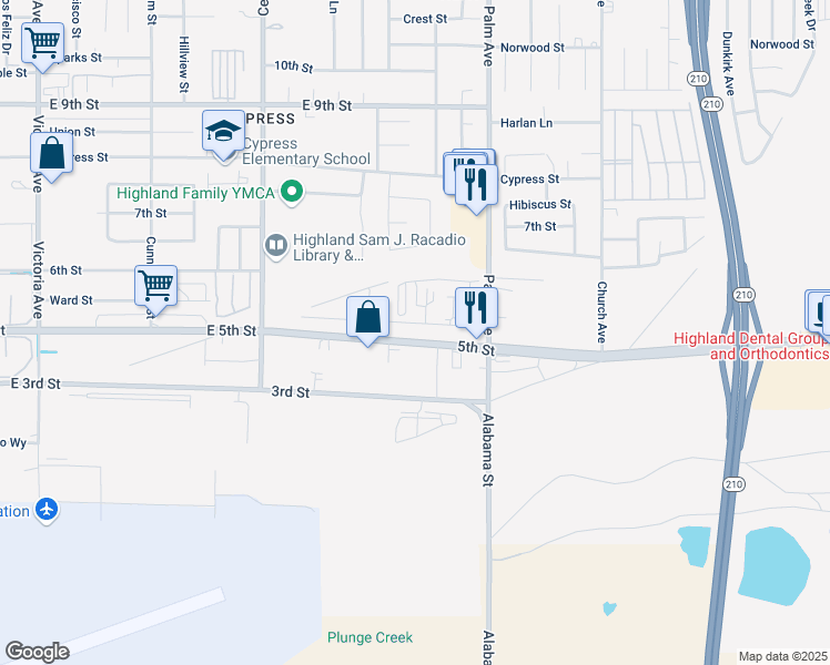 map of restaurants, bars, coffee shops, grocery stores, and more near 27170 West 5th Street in Highland
