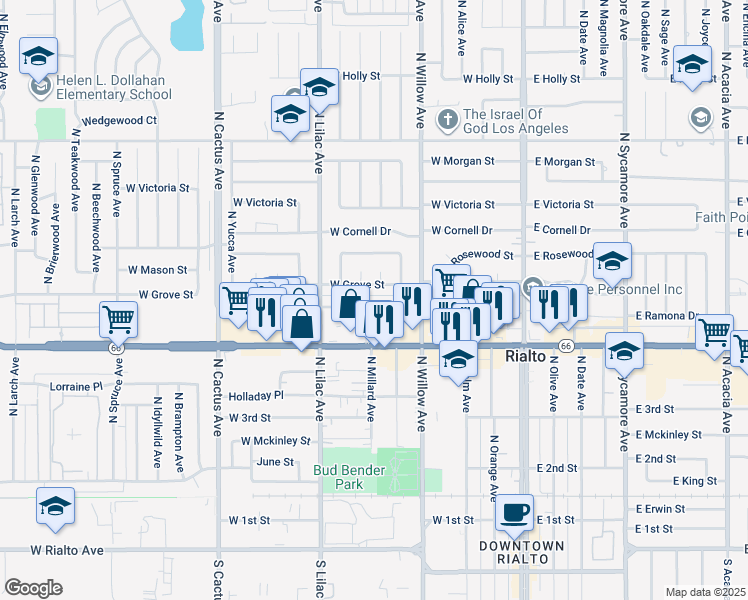 map of restaurants, bars, coffee shops, grocery stores, and more near 372 West Ramona Drive in Rialto