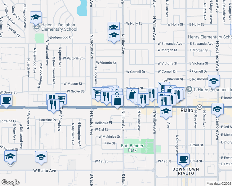 map of restaurants, bars, coffee shops, grocery stores, and more near 506 West Ramona Drive in Rialto