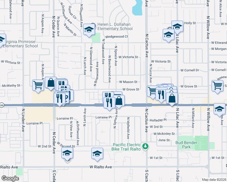 map of restaurants, bars, coffee shops, grocery stores, and more near in Rialto