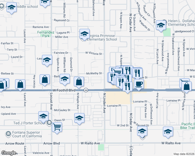 map of restaurants, bars, coffee shops, grocery stores, and more near 1550 West Ramona Drive in Rialto