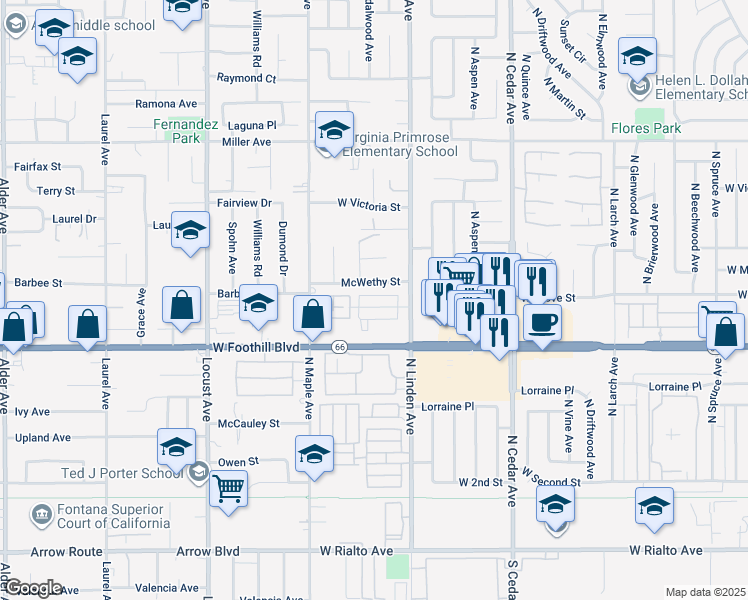 map of restaurants, bars, coffee shops, grocery stores, and more near 1550 West Ramona Drive in Rialto