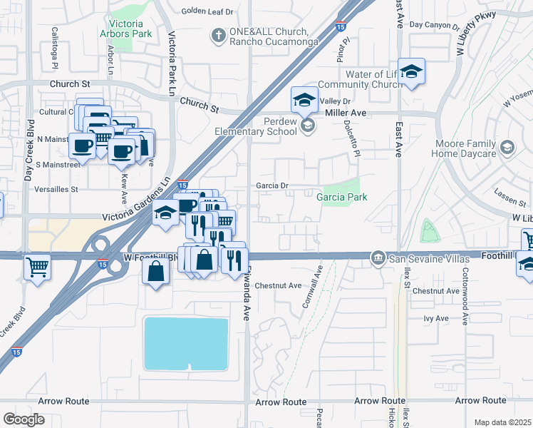 map of restaurants, bars, coffee shops, grocery stores, and more near 7951 Etiwanda Avenue in Rancho Cucamonga