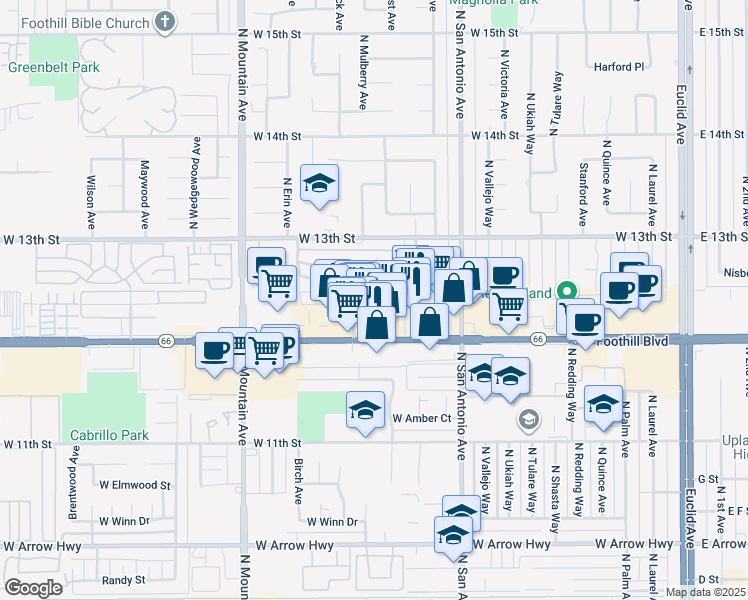 map of restaurants, bars, coffee shops, grocery stores, and more near 960 Springfield Street in Upland