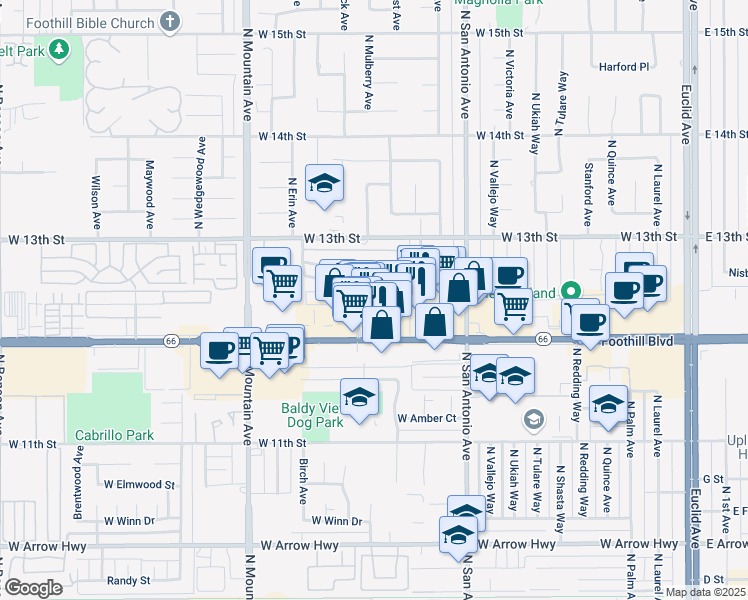 map of restaurants, bars, coffee shops, grocery stores, and more near 960 Springfield Street in Upland