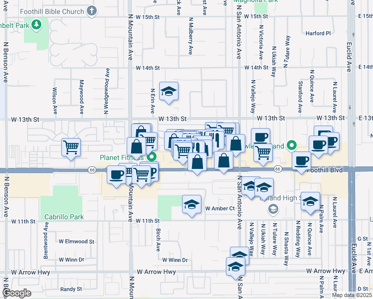 map of restaurants, bars, coffee shops, grocery stores, and more near 1020 Springfield Street in Upland