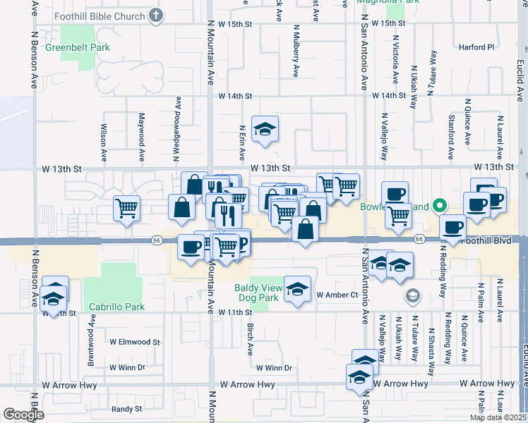 map of restaurants, bars, coffee shops, grocery stores, and more near 1086 Springfield Street in Upland