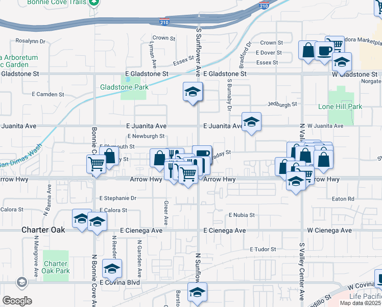 map of restaurants, bars, coffee shops, grocery stores, and more near 828 East Plymouth Street in Glendora