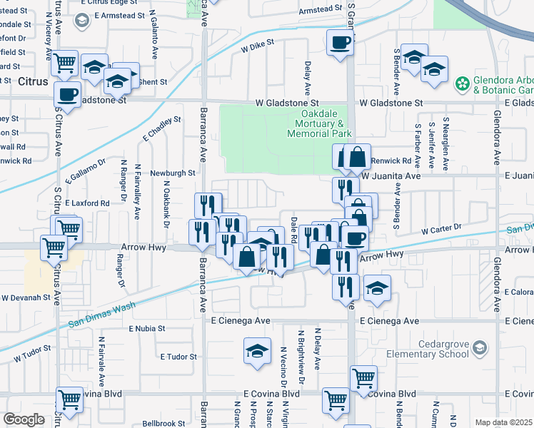map of restaurants, bars, coffee shops, grocery stores, and more near 1630 Barranca Avenue in Glendora