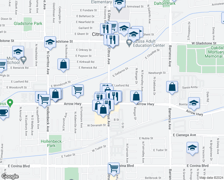 map of restaurants, bars, coffee shops, grocery stores, and more near 810 South Citrus Avenue in Azusa