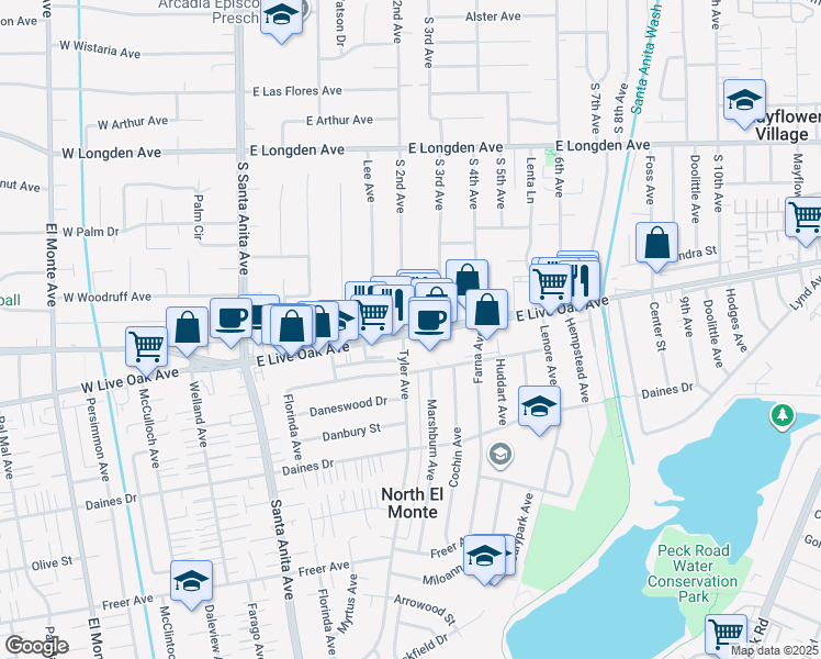 map of restaurants, bars, coffee shops, grocery stores, and more near 201 Live Oak Avenue in Arcadia