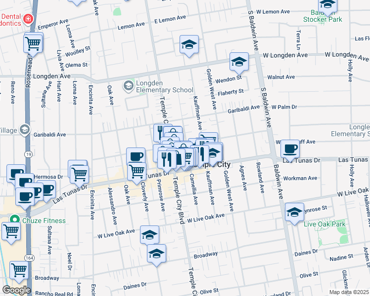 map of restaurants, bars, coffee shops, grocery stores, and more near 9622 Woodruff Avenue in Temple City