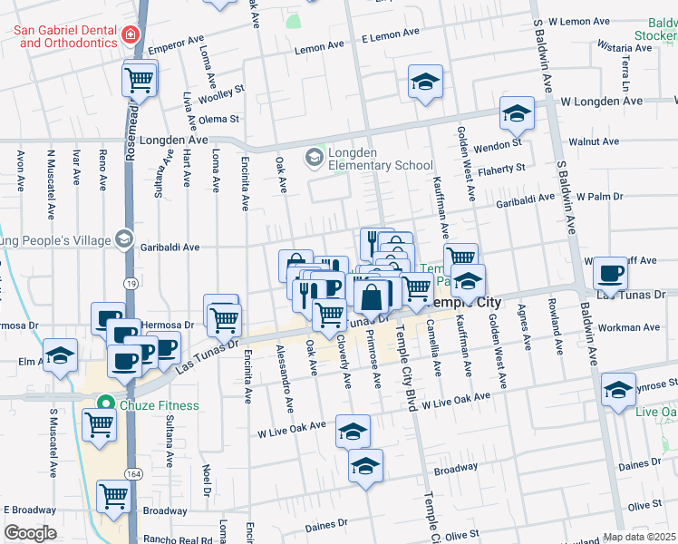 map of restaurants, bars, coffee shops, grocery stores, and more near 9523 Woodruff Avenue in Temple City