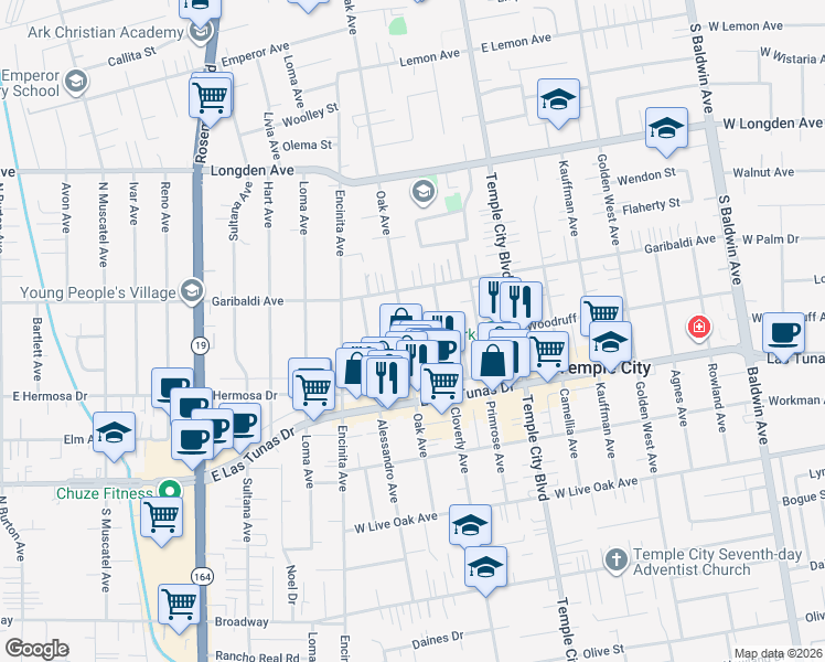 map of restaurants, bars, coffee shops, grocery stores, and more near 9459 Woodruff Avenue in Temple City