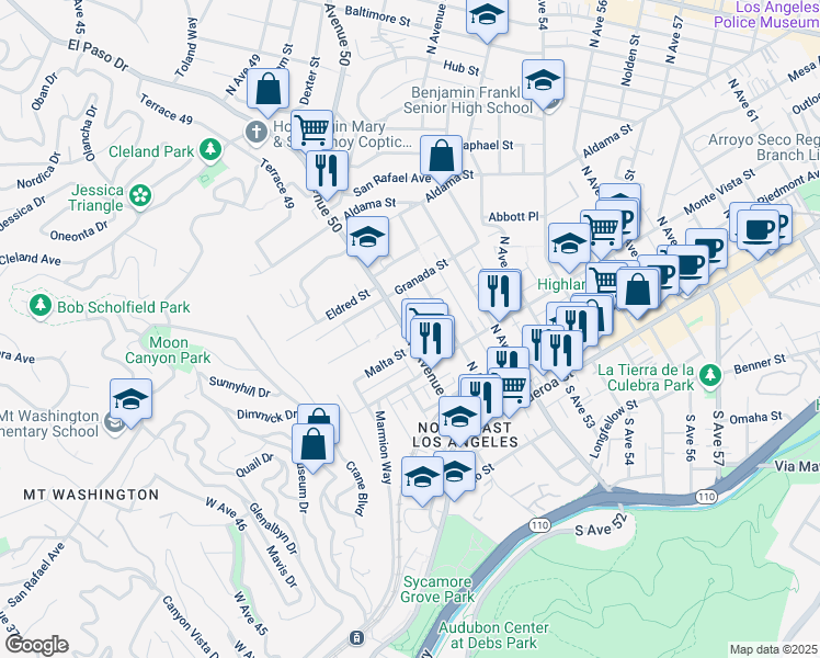 map of restaurants, bars, coffee shops, grocery stores, and more near 423 1/2 North Avenue 50 in Los Angeles
