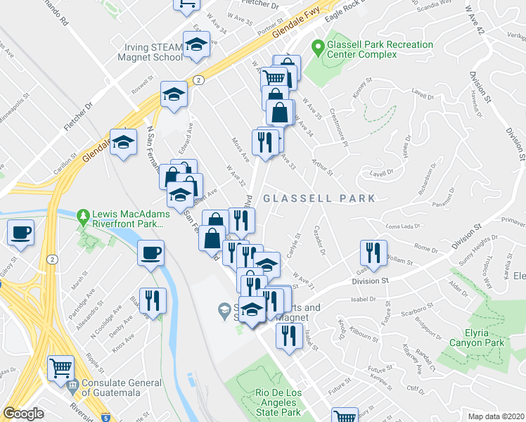 map of restaurants, bars, coffee shops, grocery stores, and more near 3115 Verdugo Road in Los Angeles