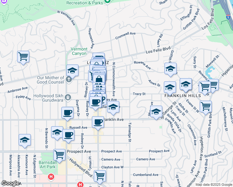map of restaurants, bars, coffee shops, grocery stores, and more near 4402 Price Street in Los Angeles