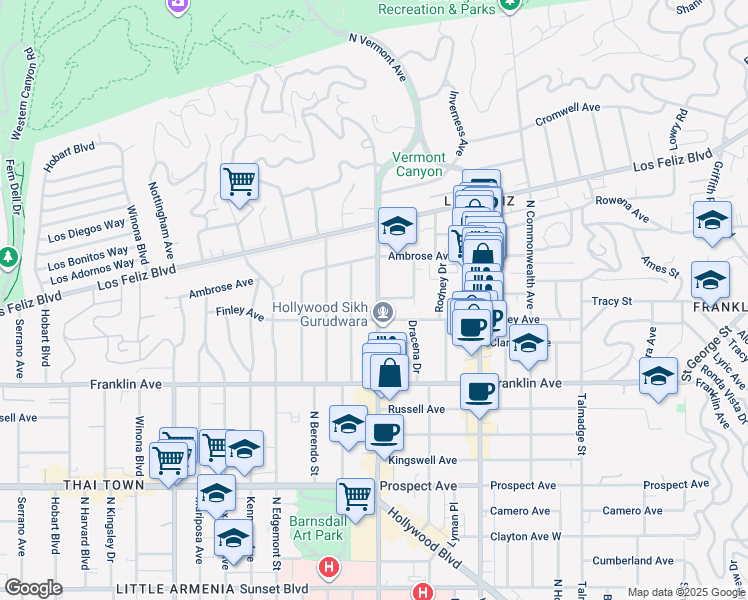 map of restaurants, bars, coffee shops, grocery stores, and more near 2030 North Vermont Avenue in Los Angeles