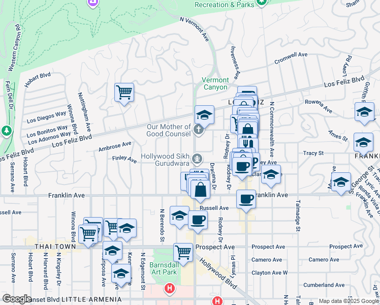 map of restaurants, bars, coffee shops, grocery stores, and more near 2030 North Vermont Avenue in Los Angeles