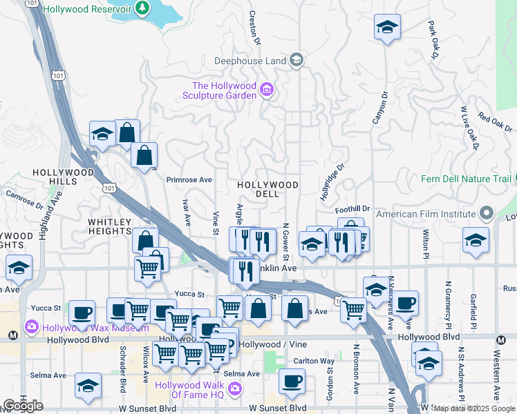 map of restaurants, bars, coffee shops, grocery stores, and more near 6226 Holly Mont Drive in Los Angeles