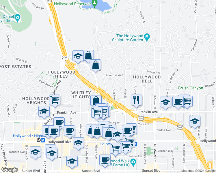 map of restaurants, bars, coffee shops, grocery stores, and more near 2067 Ivar Avenue in Los Angeles