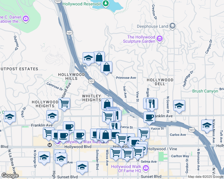 map of restaurants, bars, coffee shops, grocery stores, and more near 2036 North Cahuenga Boulevard in Los Angeles