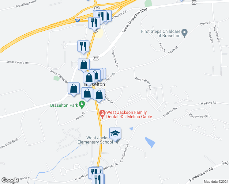 map of restaurants, bars, coffee shops, grocery stores, and more near 156 Lakeshore Drive in Braselton
