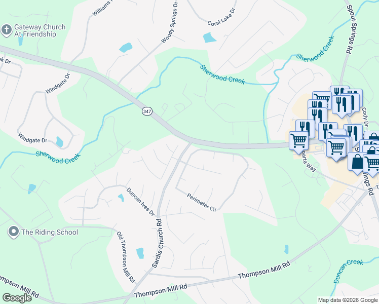 map of restaurants, bars, coffee shops, grocery stores, and more near 3357 Perimeter Circle in Buford
