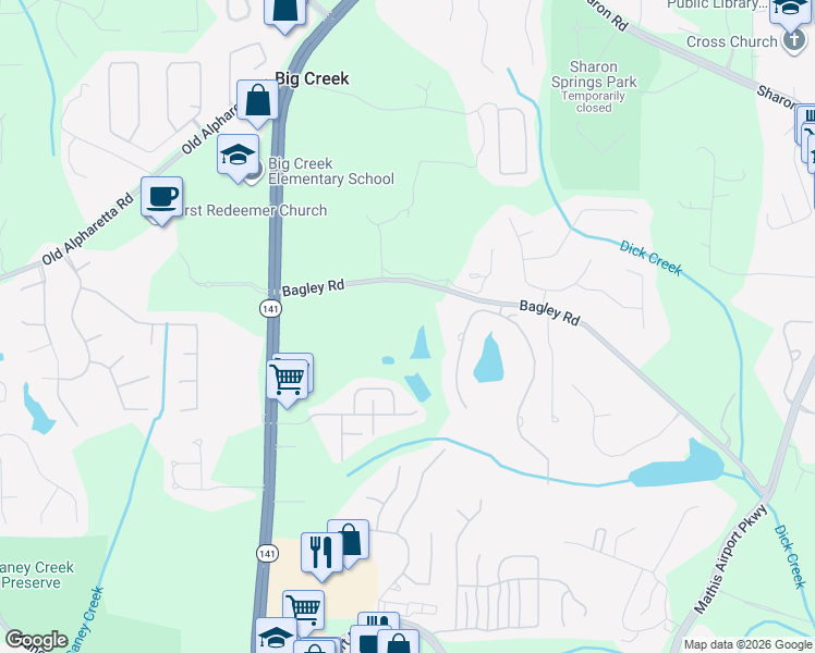map of restaurants, bars, coffee shops, grocery stores, and more near 2234 Bagley Road in Cumming
