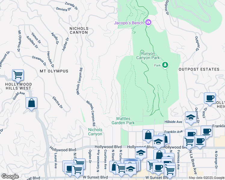 map of restaurants, bars, coffee shops, grocery stores, and more near 2020 Wattles Drive in Los Angeles