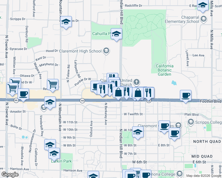 map of restaurants, bars, coffee shops, grocery stores, and more near 455 West Foothill Boulevard in Claremont
