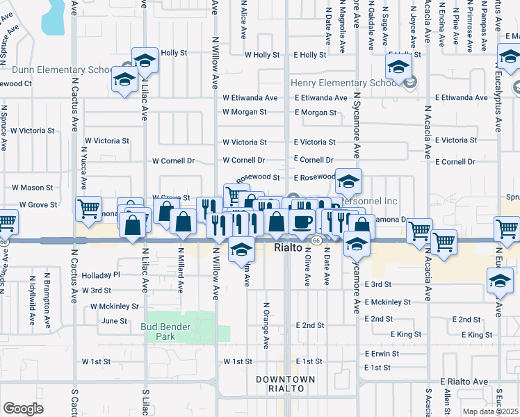 map of restaurants, bars, coffee shops, grocery stores, and more near 146 West Ramona Drive in Rialto
