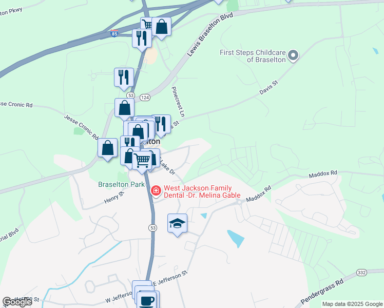 map of restaurants, bars, coffee shops, grocery stores, and more near 35 Lakeshore Circle in Braselton