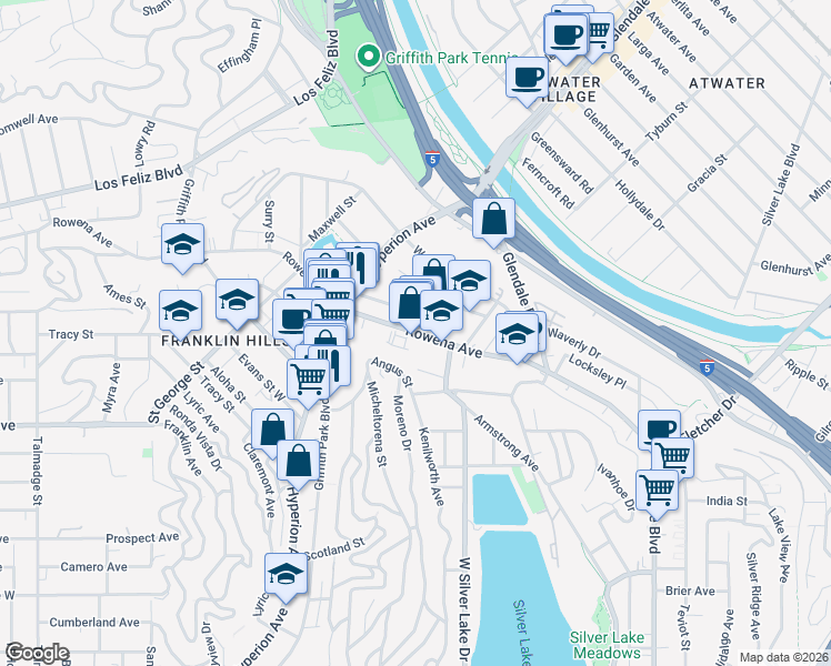 map of restaurants, bars, coffee shops, grocery stores, and more near 2928 Rowena Avenue in Los Angeles