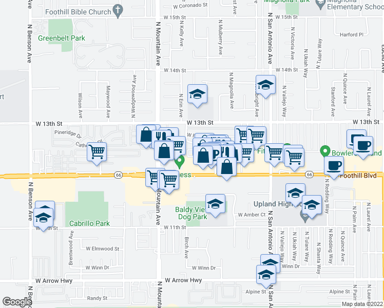 map of restaurants, bars, coffee shops, grocery stores, and more near 1086 Springfield Street in Upland