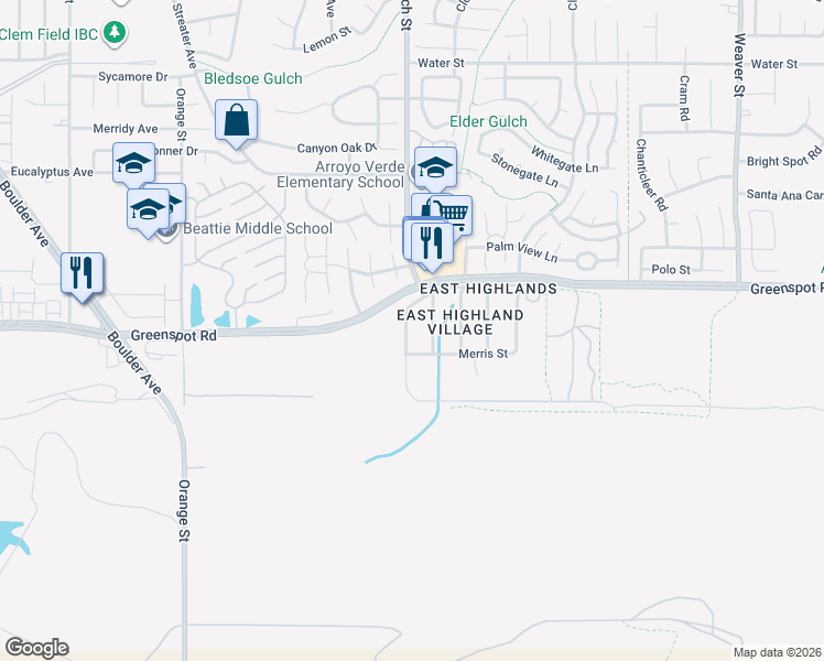 map of restaurants, bars, coffee shops, grocery stores, and more near 7975 Church Street in Highland