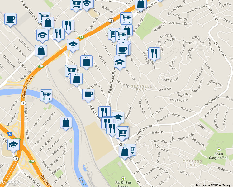 map of restaurants, bars, coffee shops, grocery stores, and more near 3158 Verdugo Road in Los Angeles