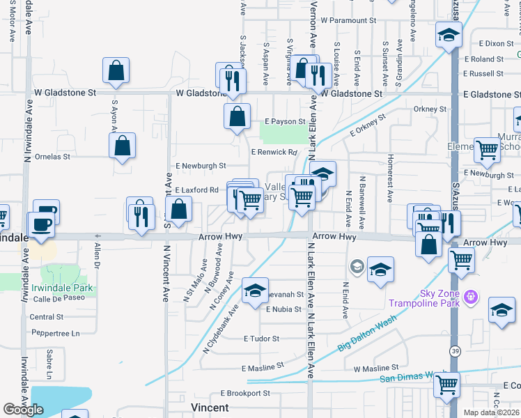 map of restaurants, bars, coffee shops, grocery stores, and more near 5245 North Gareloch Avenue in Azusa
