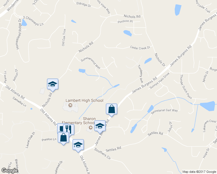 map of restaurants, bars, coffee shops, grocery stores, and more near 1780 Bramble Bush Way in Suwanee