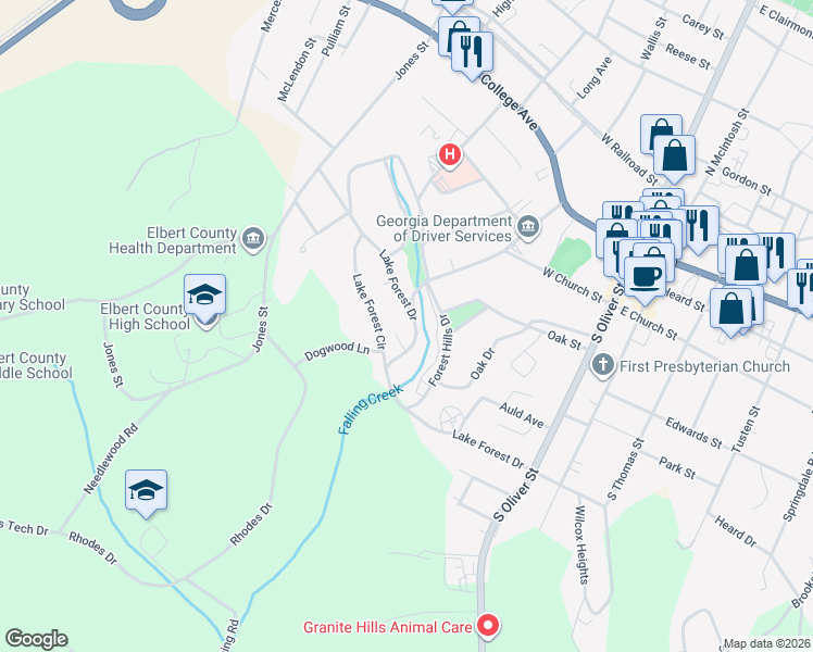 map of restaurants, bars, coffee shops, grocery stores, and more near 157 Lake Forest Drive in Elberton