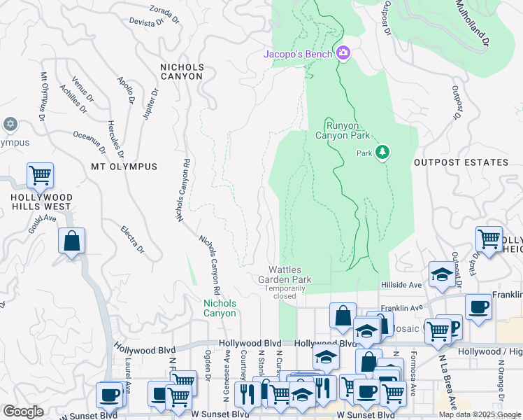 map of restaurants, bars, coffee shops, grocery stores, and more near 2020 Wattles Drive in Los Angeles
