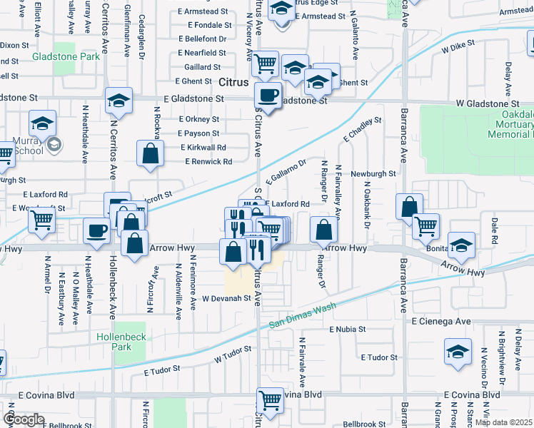 map of restaurants, bars, coffee shops, grocery stores, and more near 810 South Citrus Avenue in Azusa